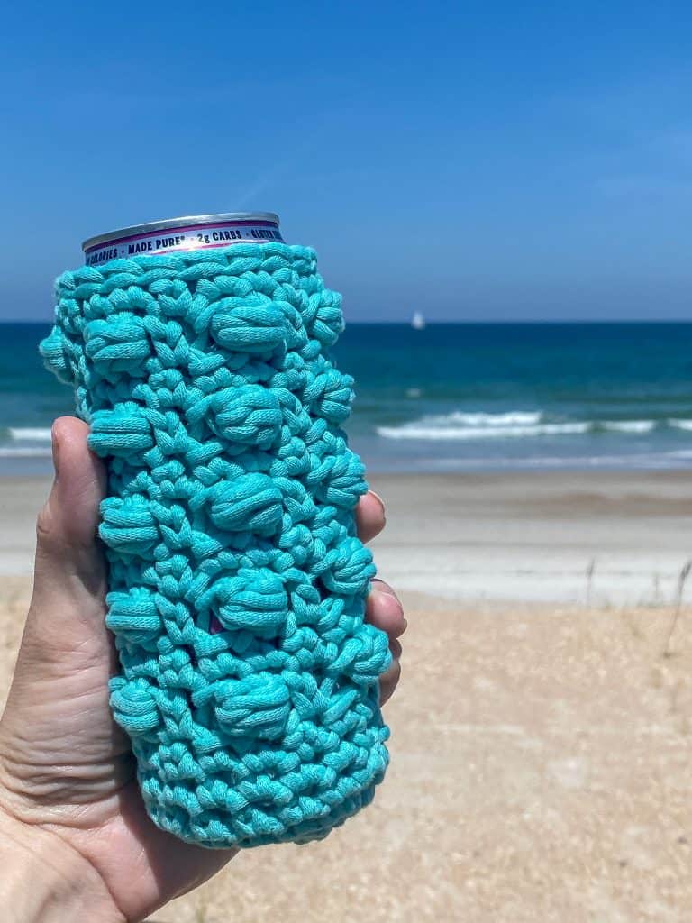 Crochet this perfect for summer boxed bead drink koozie. Available in 5 different sizes, make one for all your favorite beverages. Using Bernat Home Dec Yarn. 