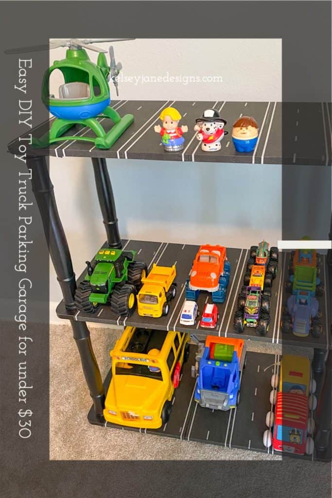 Easy DIY Toy Truck Parking Garage for under $30. Excellent storage solution for toy trucks, cars and more!