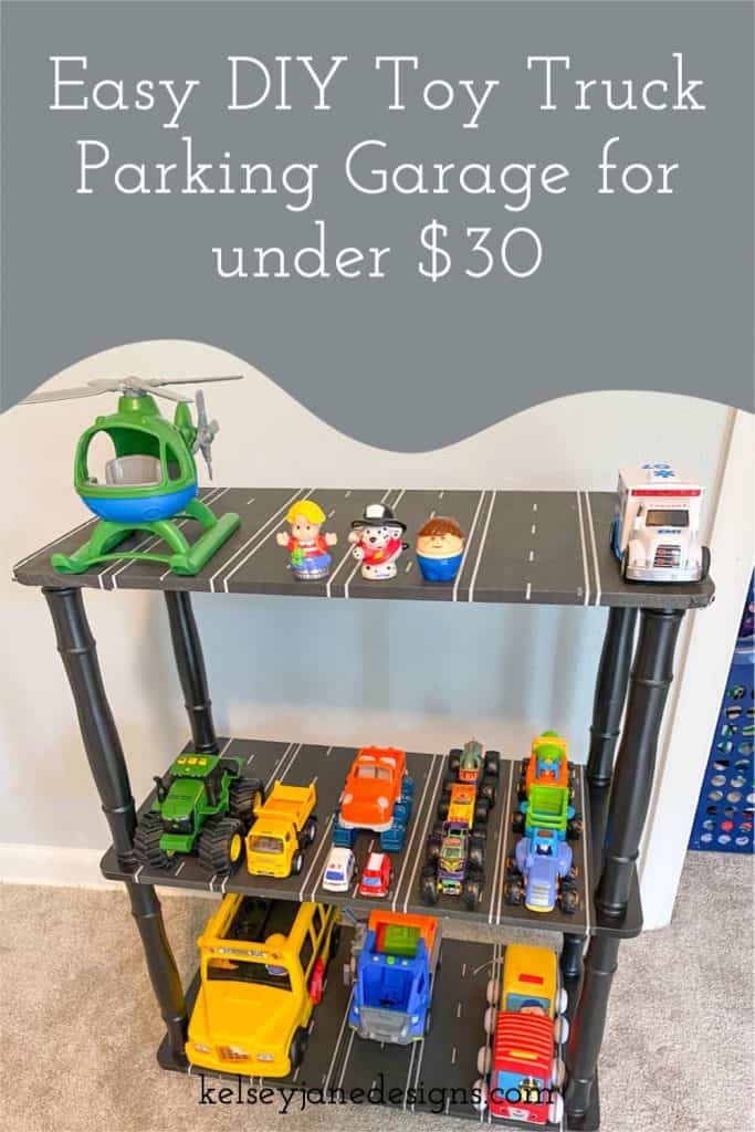 Easy DIY Toy Truck Parking Garage for under $30. Excellent storage solution for toy trucks, cars and more!