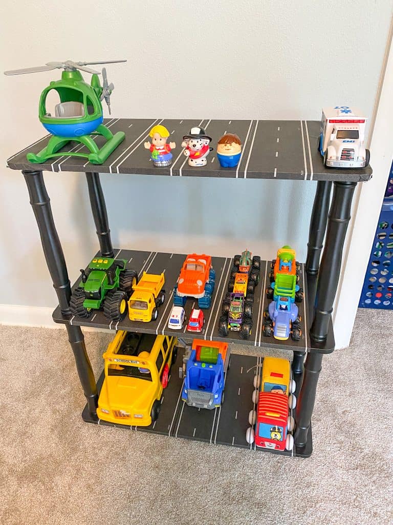 Easy DIY Toy Truck Parking Garage for under . Excellent storage solution for toy trucks, cars and more!