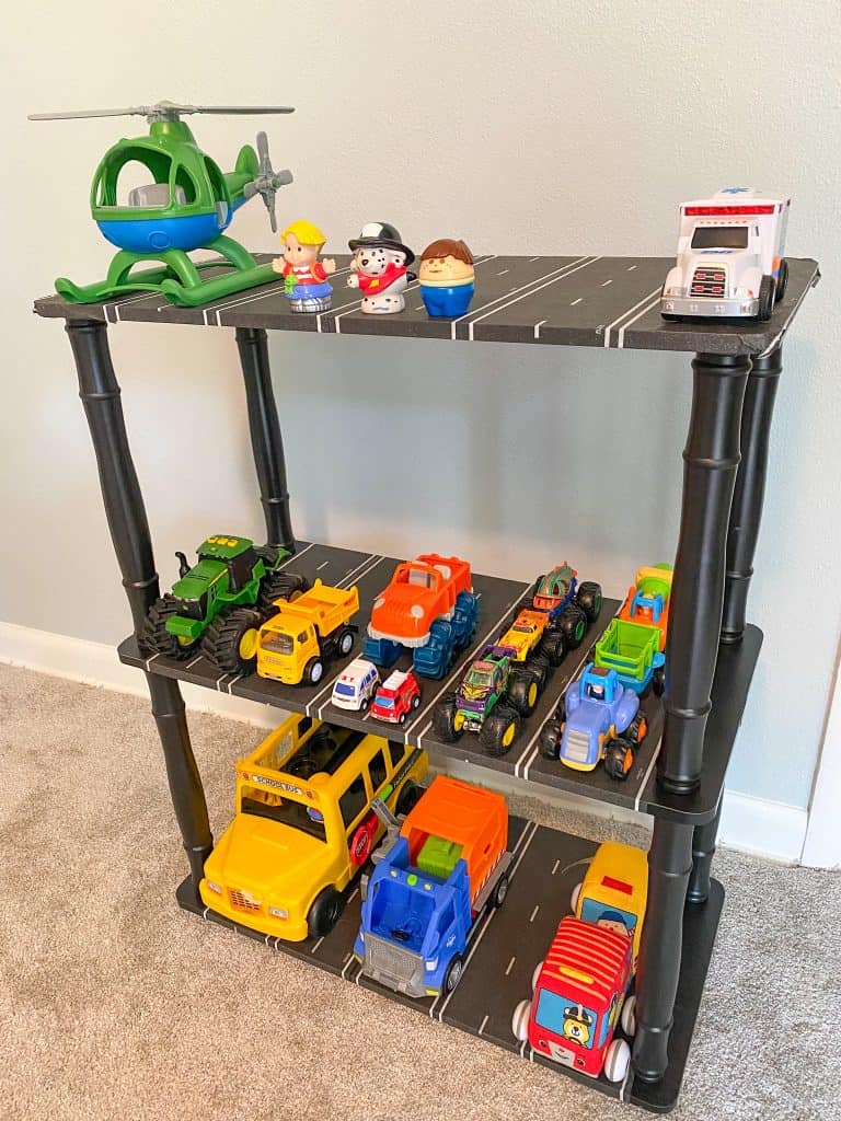 Easy DIY Toy Truck Parking Garage for under . Excellent storage solution for toy trucks, cars and more!