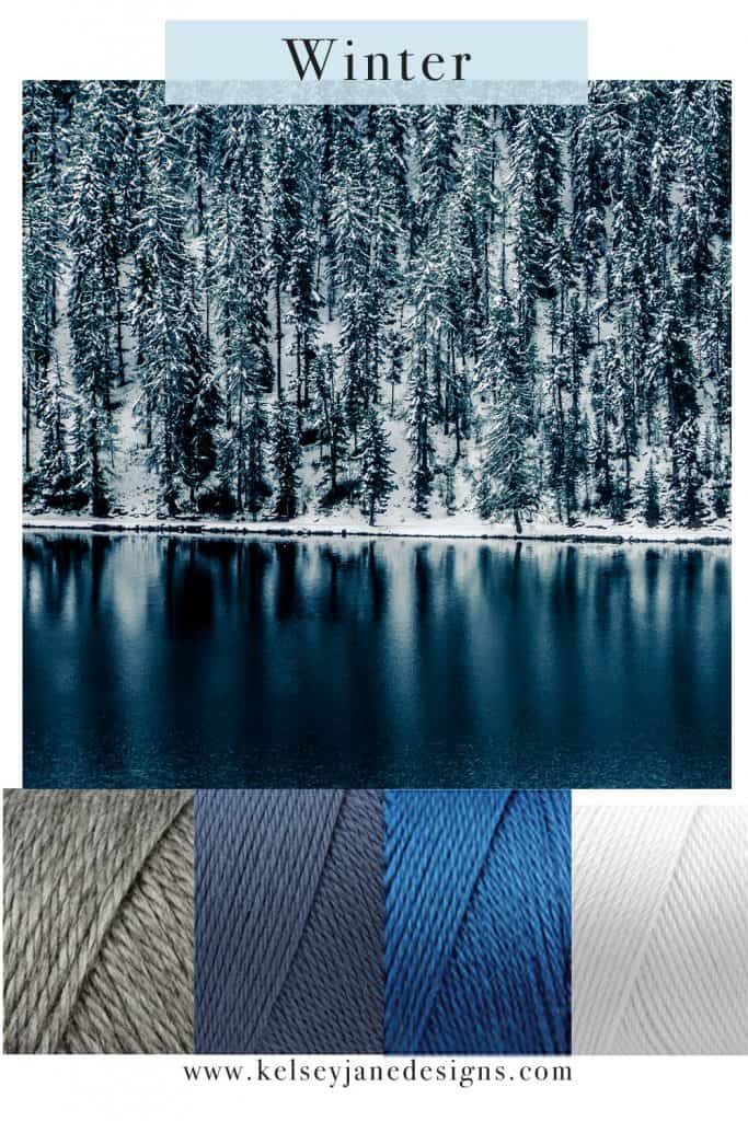 Let the winter wonderland colors inspire your next project with Caron Simply Soft Yarn (Soft Heather Grey, Country Blue, Royal Blue and White)