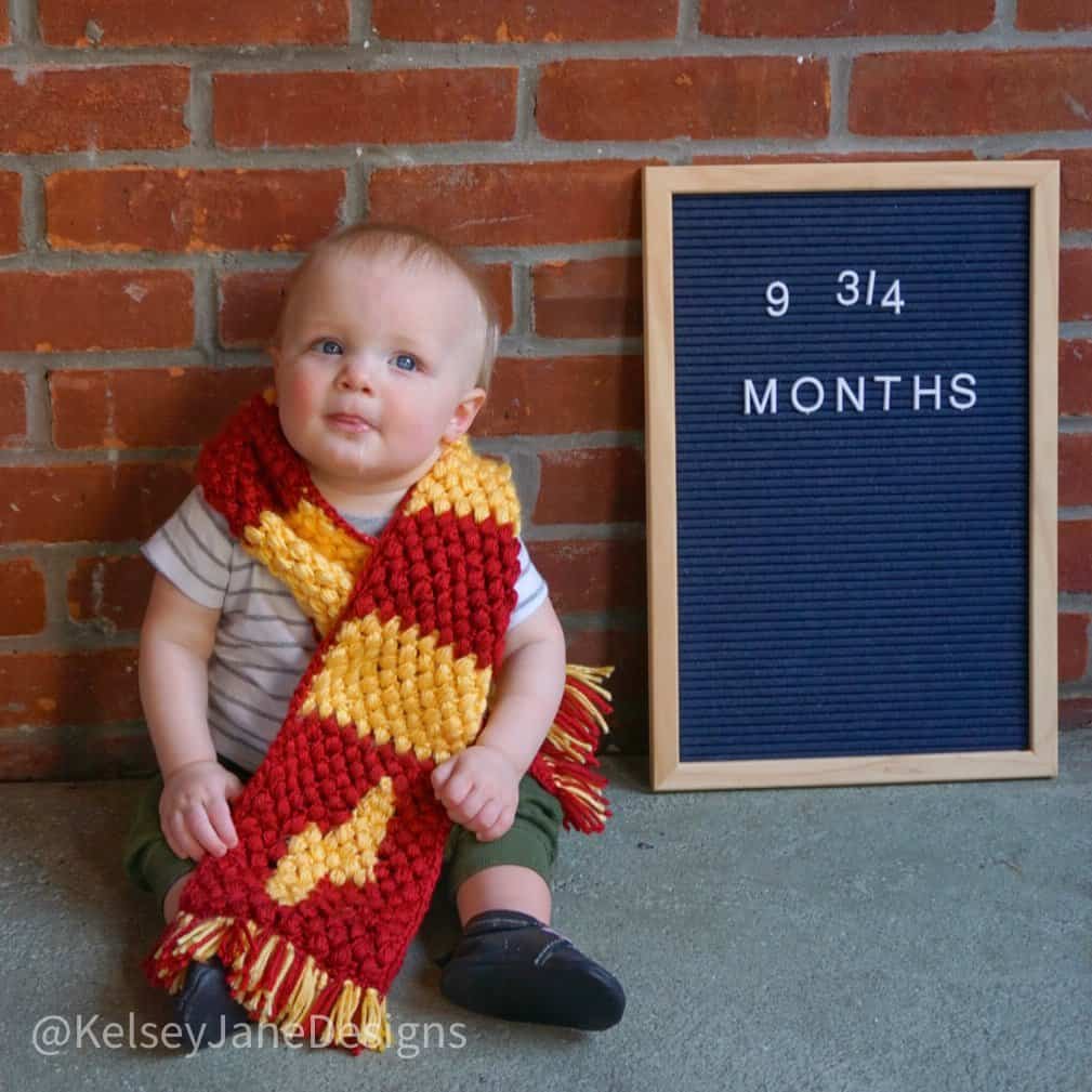 The perfect scarf for wizards of all ages, available in two sizes! Great for 9 3/4 month baby photos, matching family scarves, and more! Free crochet pattern and puff stitch tutorial.