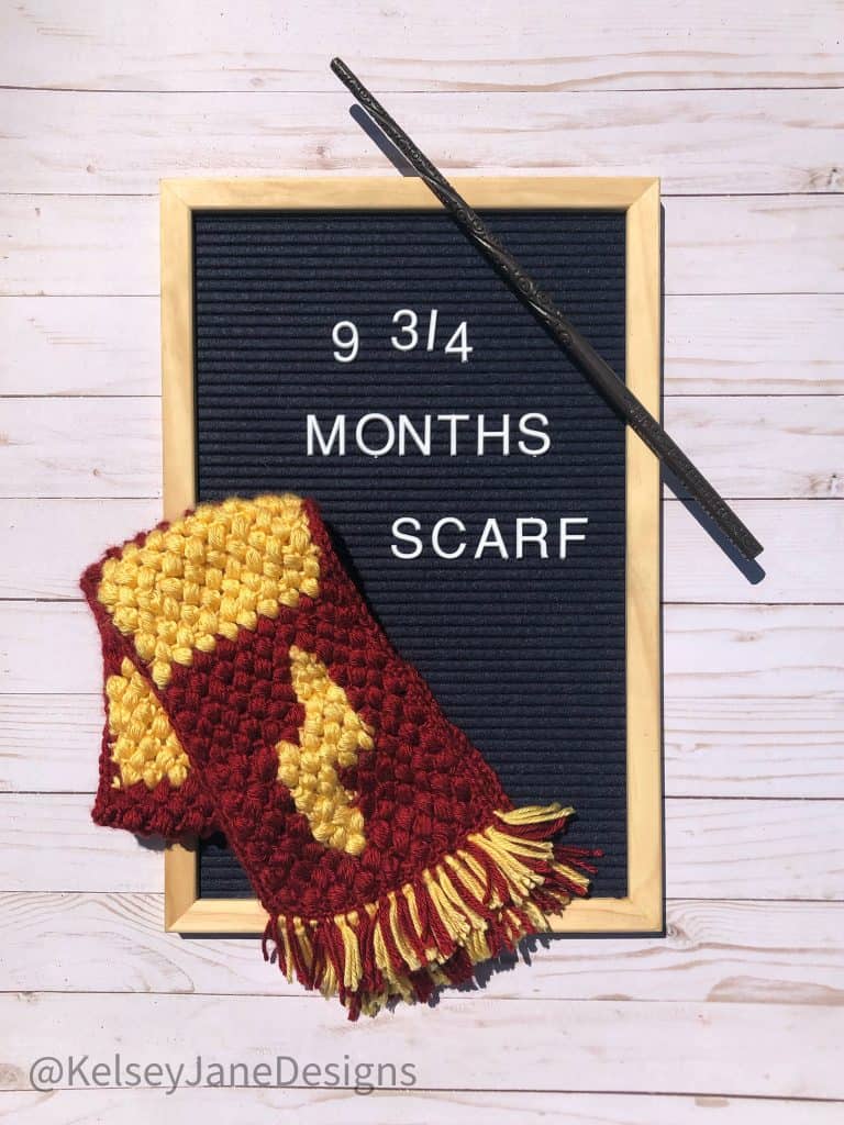 The perfect scarf for wizards of all ages, available in two sizes! Great for 9 3/4 month baby photos, matching family scarves, and more! Free crochet pattern and puff stitch tutorial.
