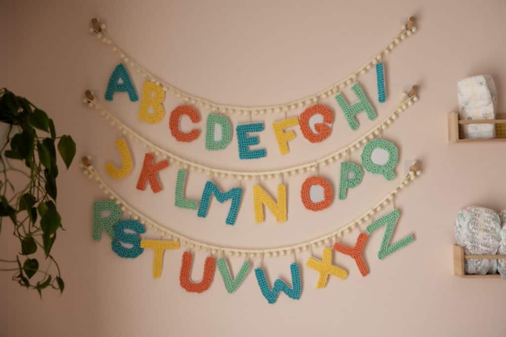 Learn how I made this alphabet bunting. Featuring the free alphabet pattern from Moogly. Easy steps on how to turn it into wall art. 
