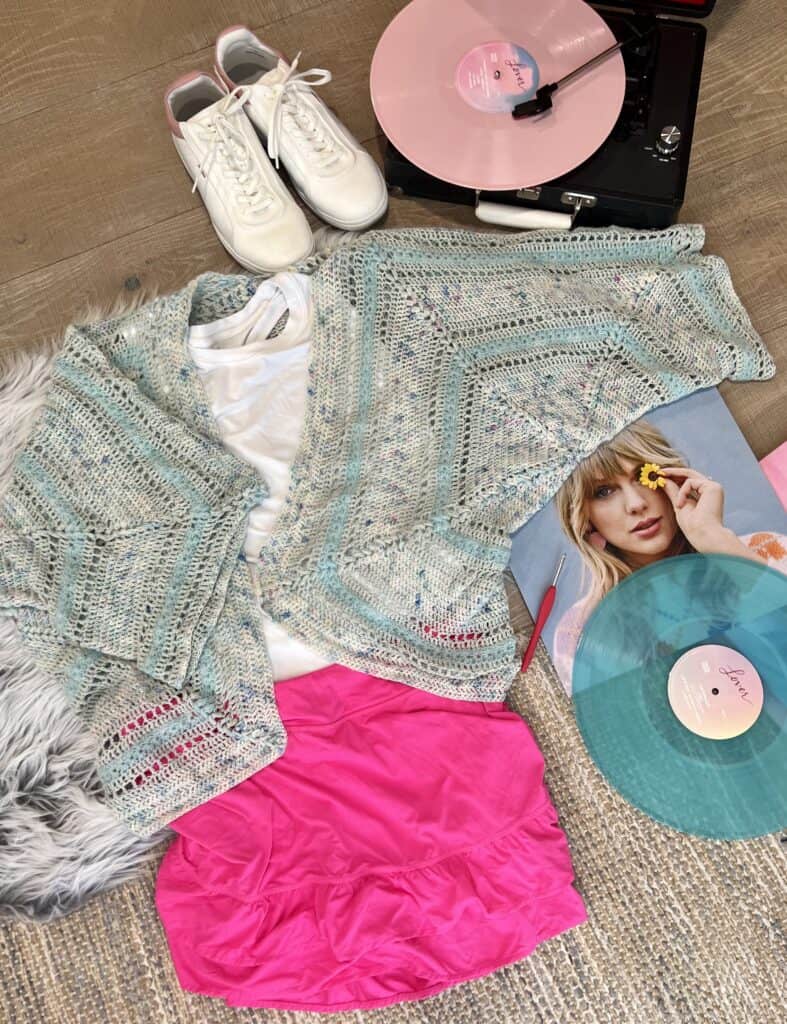 My Taylor Swift Eras Tour outfit. Lover inspired crochet cardigan.